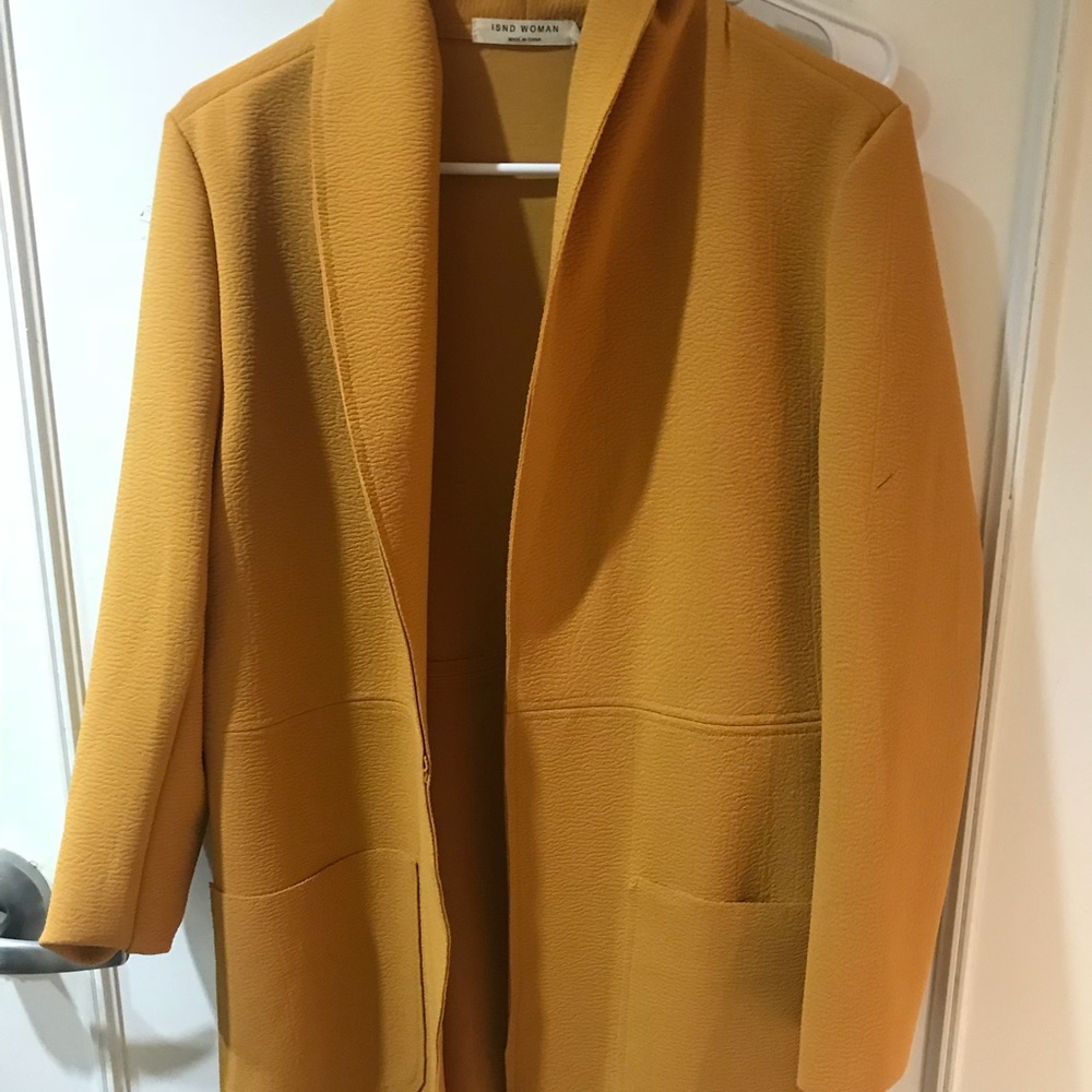 Shawl collar open front coat with pockets mustard